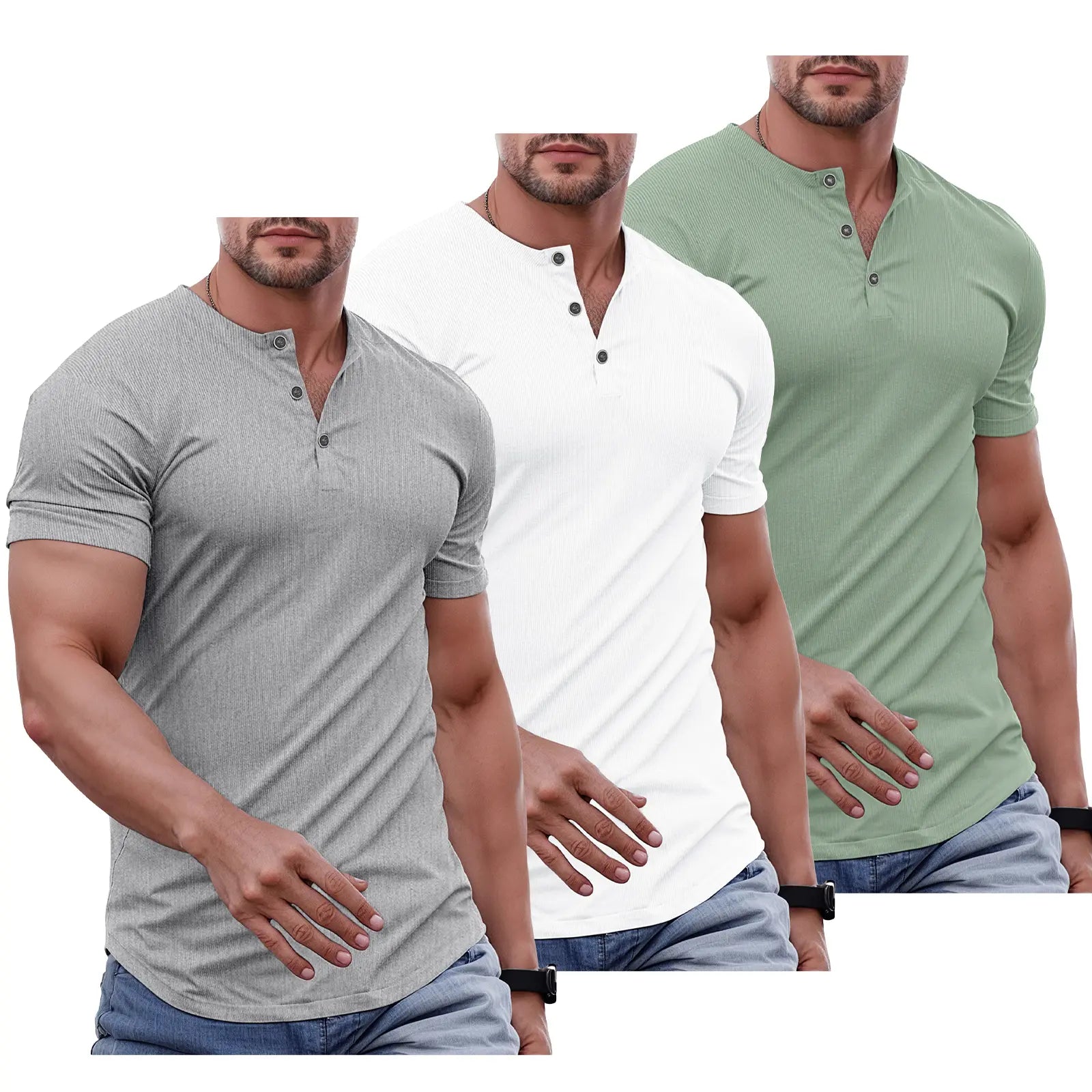 Men's Slim Fit Henley Athletic Longline Workout T-Shirt Heavyweight Stretch