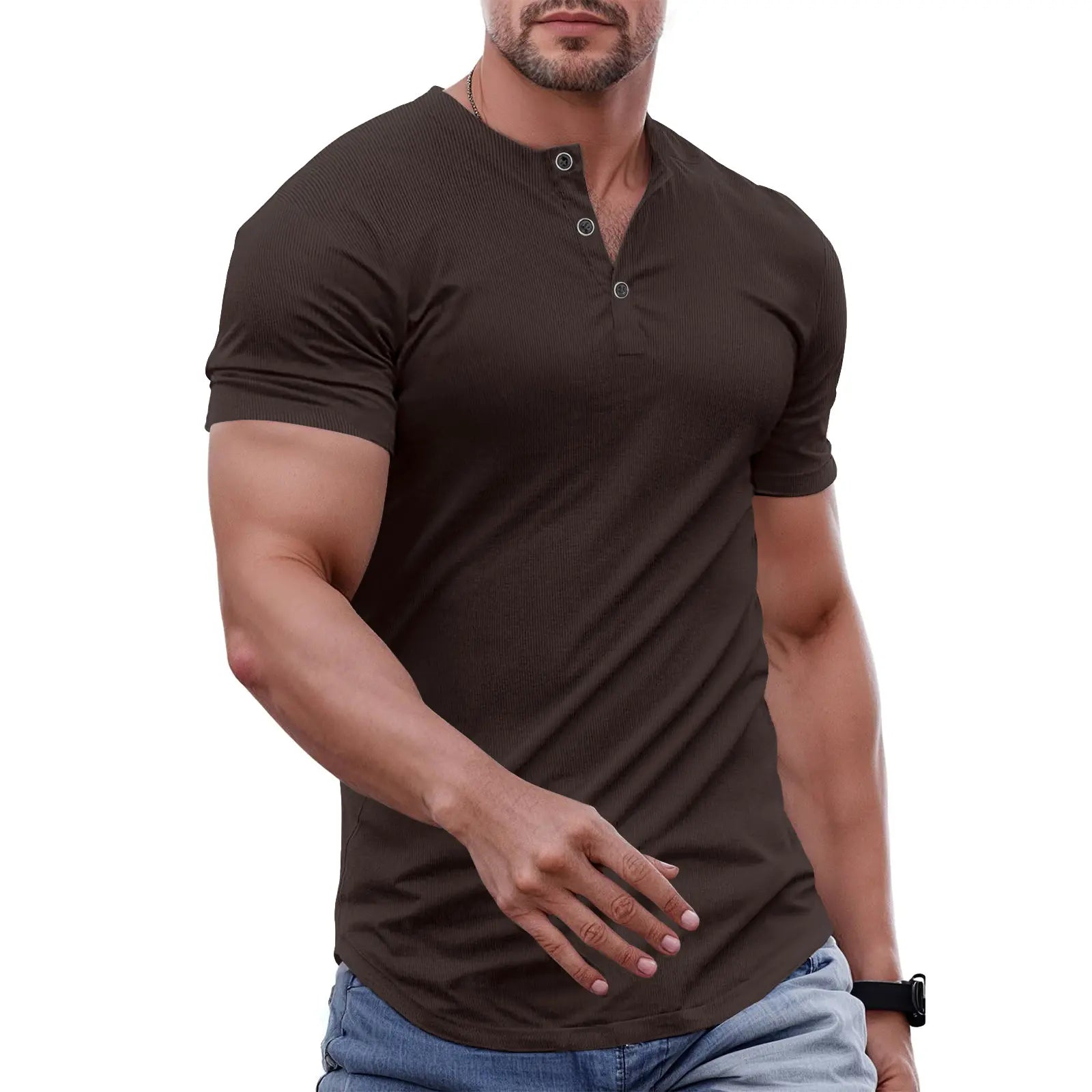 Men's Slim Fit Henley Athletic Longline Workout T-Shirt Heavyweight Stretch