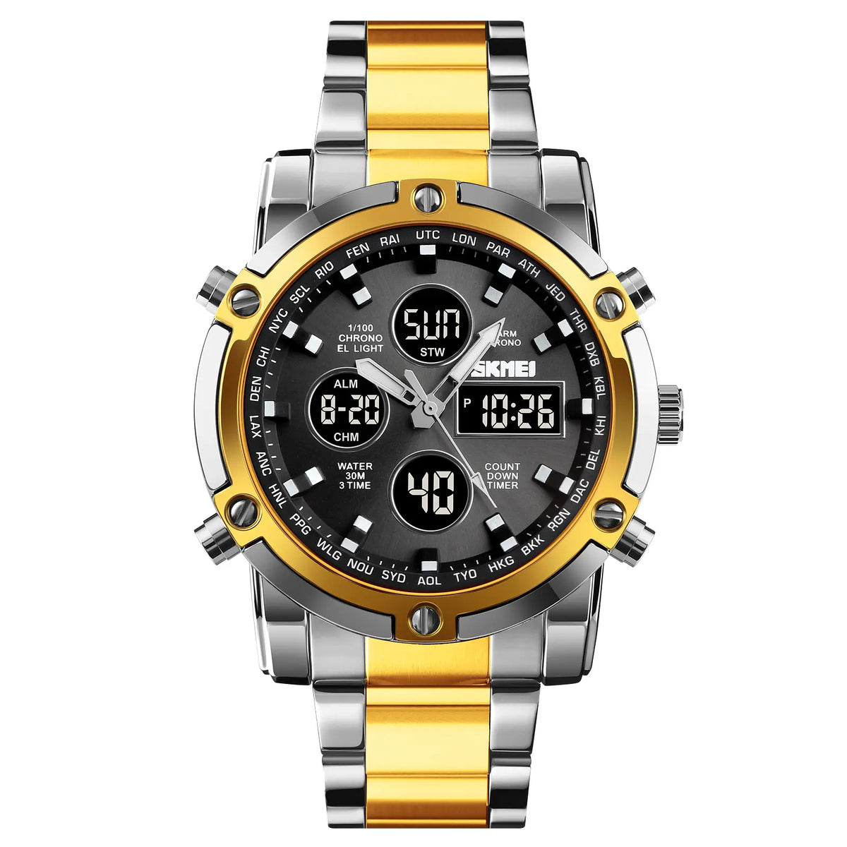 SKMEI Luxe Men's Casual Trendy Wristwatch - 2-Tone Stainless Steel Analog-Digital, 3 Time Zones, Illuminated Screen, Backlight, Alarm, Waterproof Chronograph Watch, Birthday Gift for Him