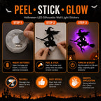 Halloween LED Silhouette Wall Light Stickers, Battery Powered Peel & Stick Decor Lights, No Drill PET Waterproof Wall Decor, Spooky Ghost Pumpkin Witch Bat Castle Spider Tree Ornaments for Home Window Door Party, 9/18/27 Pack Available