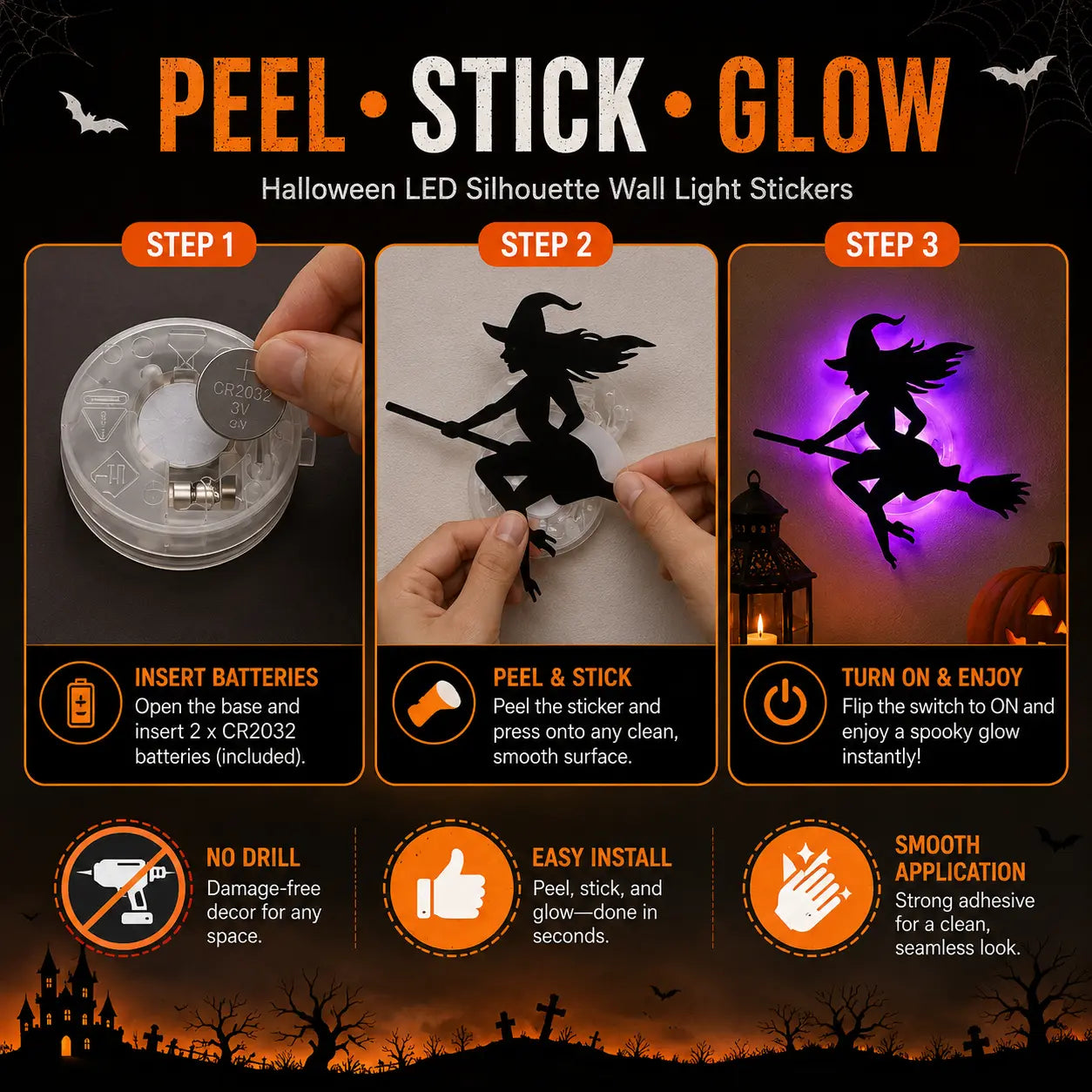 Halloween LED Silhouette Wall Light Stickers, Battery Powered Peel & Stick Decor Lights, No Drill PET Waterproof Wall Decor, Spooky Ghost Pumpkin Witch Bat Castle Spider Tree Ornaments for Home Window Door Party, 9/18/27 Pack Available