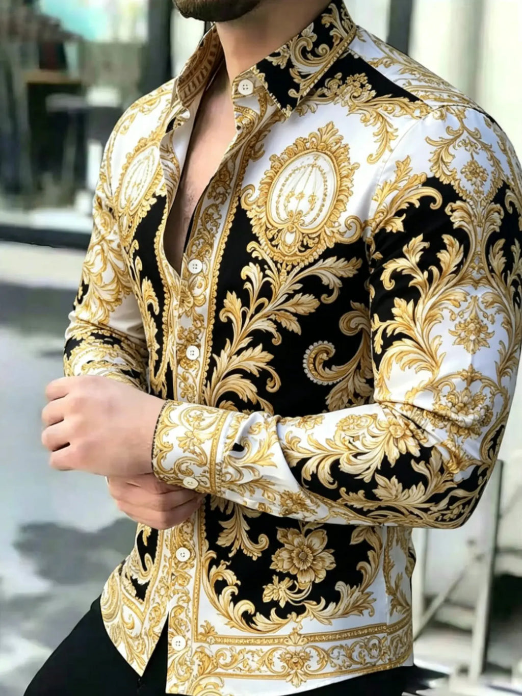 Men's Vintage Baroque Print Long Sleeve Shirt, Casual Collared Top, Collared Button Down, Button Front Shirts, Slim-Fitting, All Seasons, Classic Style, Comfortable and Stylish