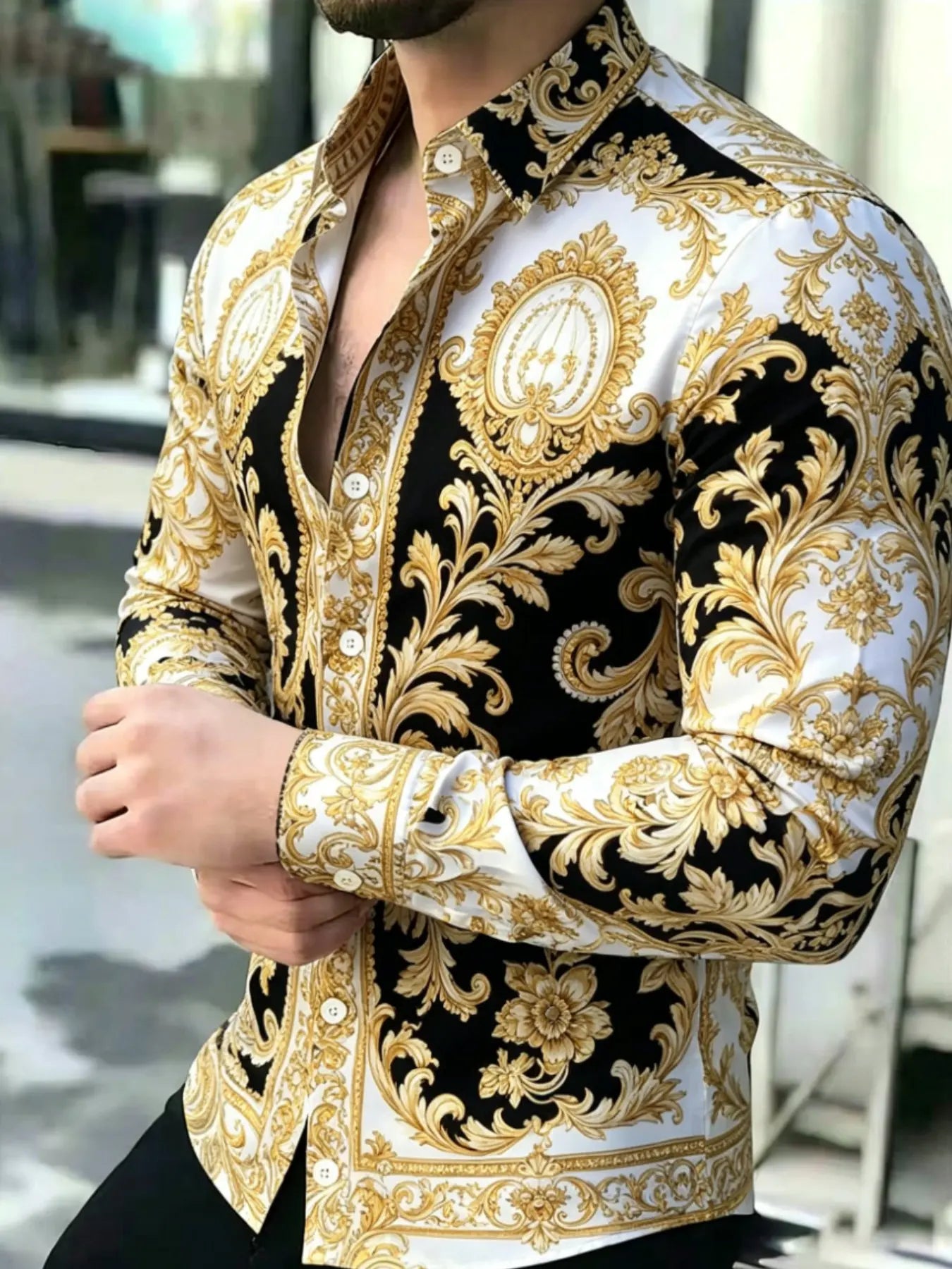 Men's Vintage Baroque Print Long Sleeve Shirt, Casual Collared Top, Collared Button Down, Button Front Shirts, Slim-Fitting, All Seasons, Classic Style, Comfortable and Stylish