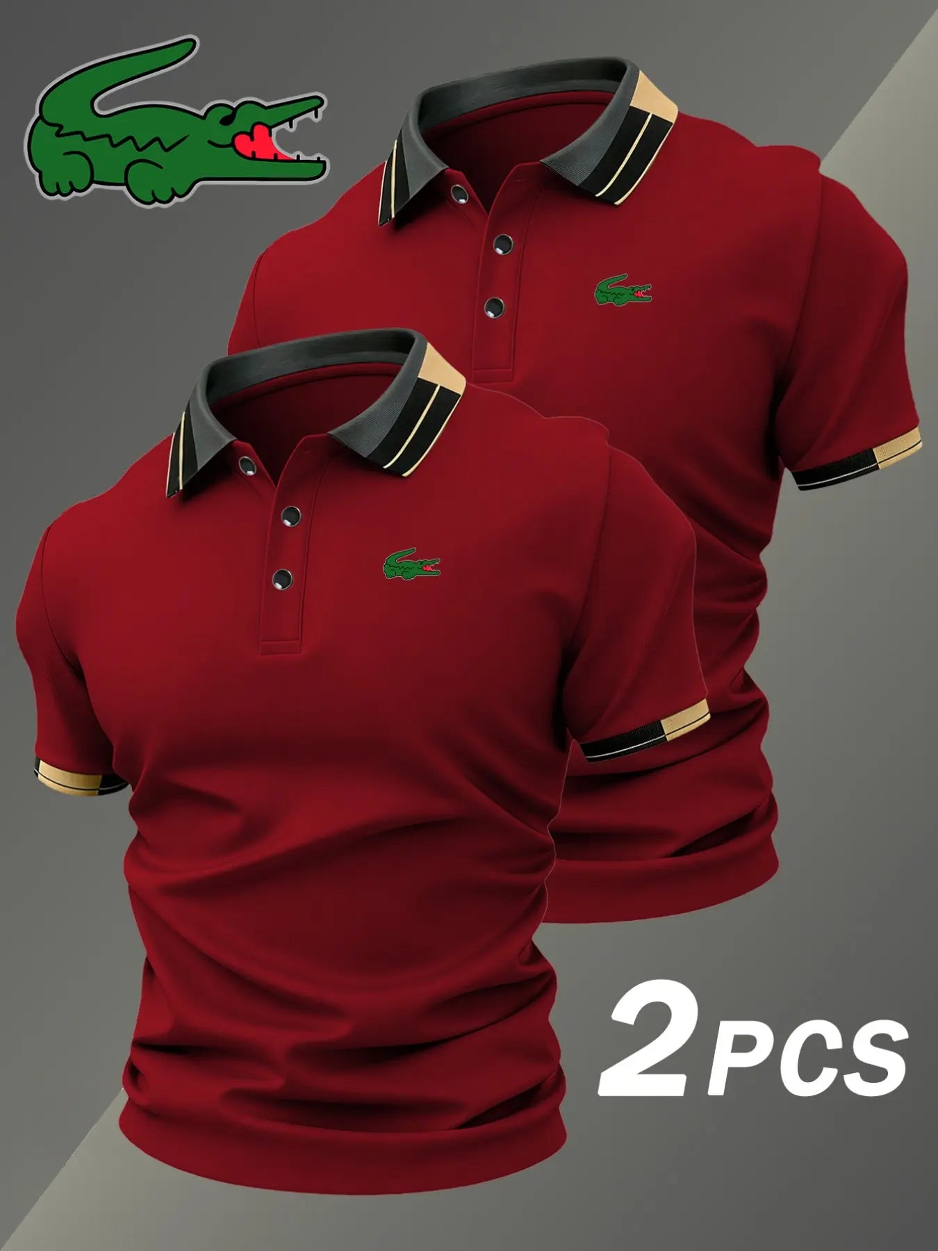 Men's Crocodile Print Polo Shirt, Elastic Classic Casual Breathable, Four-Season Wear, Comfortable Durable Polo, Two-Piece Set