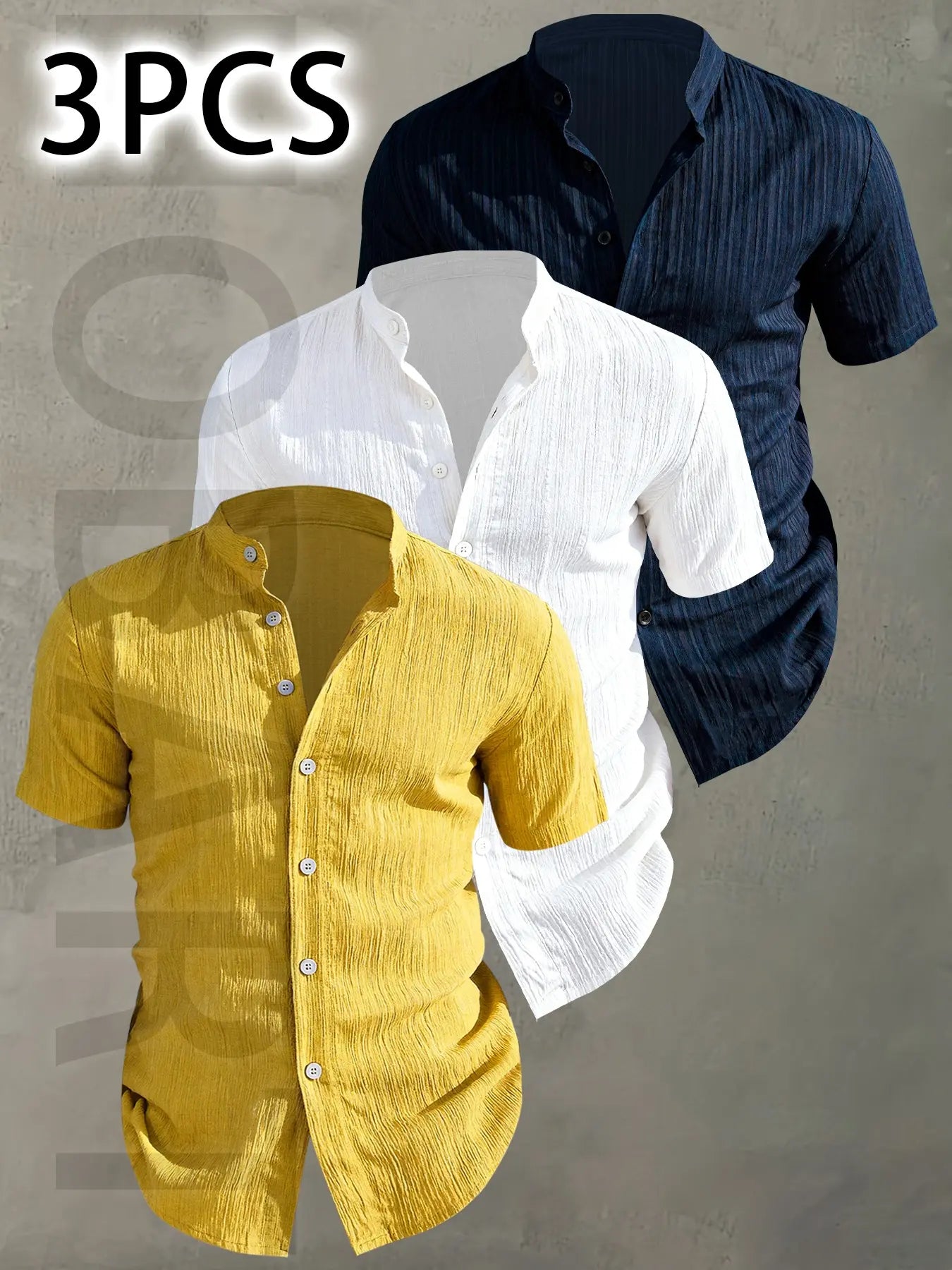 3pcs Men's Summer Lightweight Casual Button-Up Shirts with Stand Collar