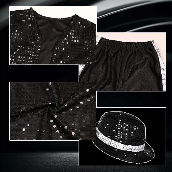 Boys' 80s-90s Pop Dance Costume Full Set - Polyester Sequins Criss Cross Striped T-Shirt & Pants, Sunglasses Included, Costumes with Accessories for Halloween, Cosplay Gear, 4-5/13-14Y Halloween Aesthetic Outfit
