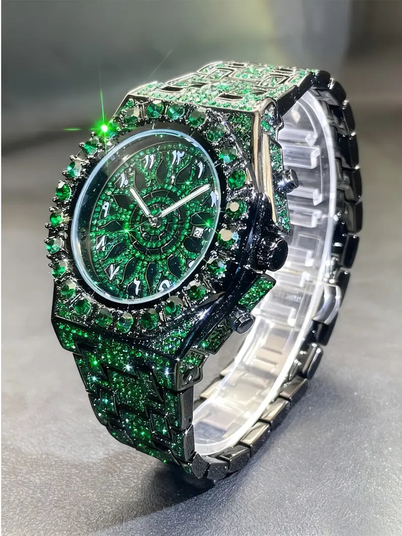Men's Quartz Watch with Rhinestones, Luxury Ice-Dial Hip-Hop Watch with Full Artificial Water Diamonds, Rhinestone Decorated Watch, Fashionable Stylish Watch