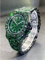 Men's Quartz Watch with Rhinestones, Luxury Ice-Dial Hip-Hop Watch with Full Artificial Water Diamonds, Rhinestone Decorated Watch, Fashionable Stylish Watch