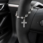 Faith-Inspired Crystal Cross Car Steering Wheel Charm, Silver Tone Beaded Hanging Ornament, Spiritual Blessing Symbol Auto Interior Decor, Meaningful Gift for Drivers,toolupgrade