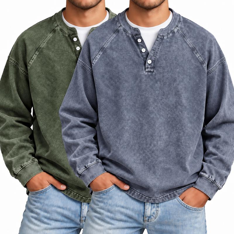 Men's Vintage Washed 3-Button Henley Long Sleeve Plain Pullover, Soft Polyester Oversized Relaxed-Fit Men's Clothing, Dark Brown Casual Streetwear, Dry Clean Compatible Stand Collar Shirt, Everyday Wear Outfits Ribbed Tshirt Wetsuit Menswear Beige Top
