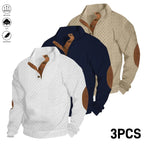 Men's 3-Pcs Jacquard Stand Collar Henley Tops - Menswear, Longsleeves, Neckline Button, Minimalist Street Sporty Chic Casual Chic Sweatshirt, Casual Wear