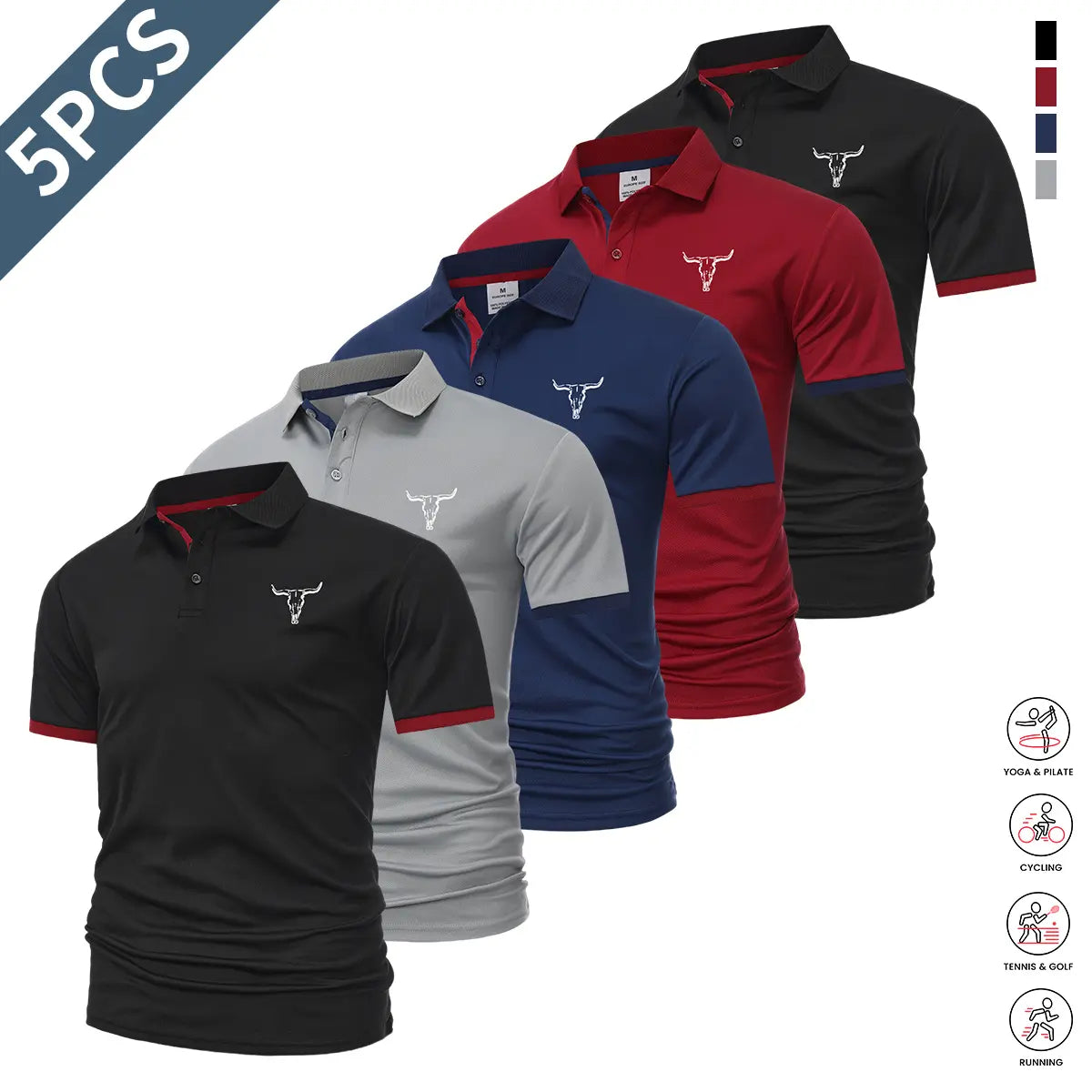 Men's Contrast Short Sleeve Polo Shirts 5-Pack (Quick-Dry/Golf/Tennis/Casual)