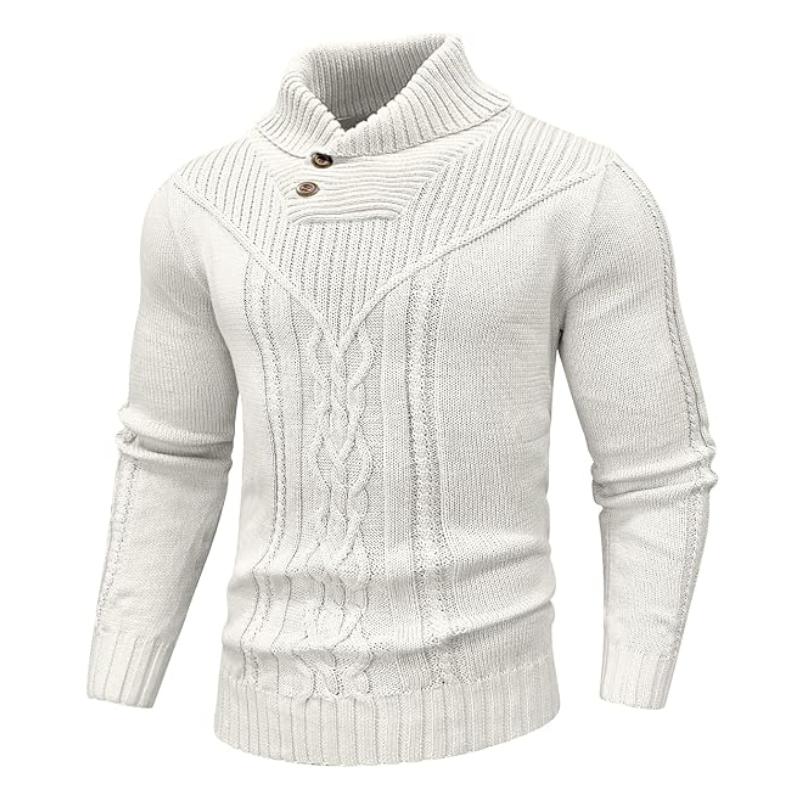 Wizoat Men's Clothing Long Sleeve Shawl Collar Cable Knit Button Fit Knitted Pullover Knitwear - Plain Black, Soft, Relaxed-Fit, Ribbed Cuffs Casual Top, Warm Fall Winter Layer for Daily Office, Matches Shirts Jeans, Hand Wash,sohochic