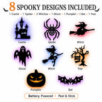 Halloween LED Silhouette Wall Light Stickers, Battery Powered Peel & Stick Decor Lights, No Drill PET Waterproof Wall Decor, Spooky Ghost Pumpkin Witch Bat Castle Spider Tree Ornaments for Home Window Door Party, 9/18/27 Pack Available