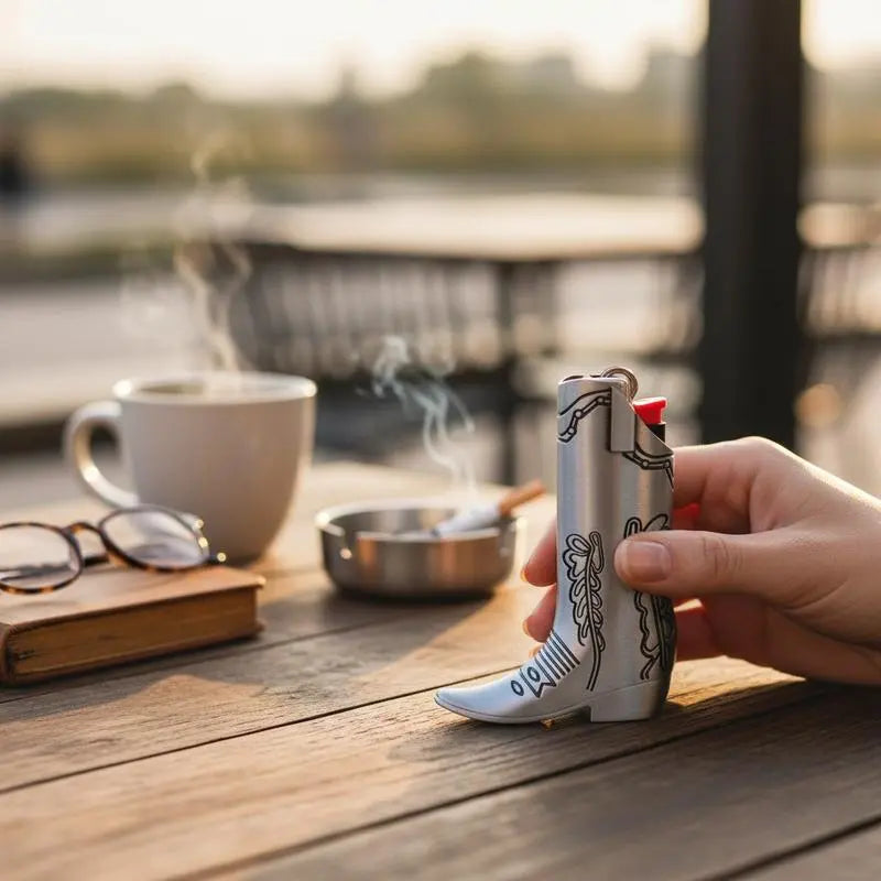 Silver Metal Cowboy Boot Lighter Case - Accessory for Mini Bic J5, Stylish Lighter Cover, Ideal for Home or Everyday Carry, Lighter Covers