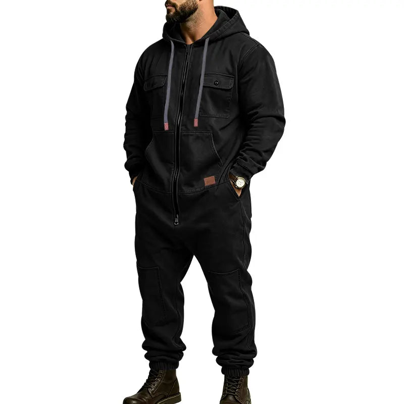 Men’s Hooded Cargo Jumpsuit for Men, Multi-Pocket Zip Front Workwear Coveralls, Relaxed Fit Long Sleeve Utility One Piece Outfit, Outdoor Work Hiking Camping Travel Streetwear Casual Overall with Elastic Cuffs and Drawstring Hood