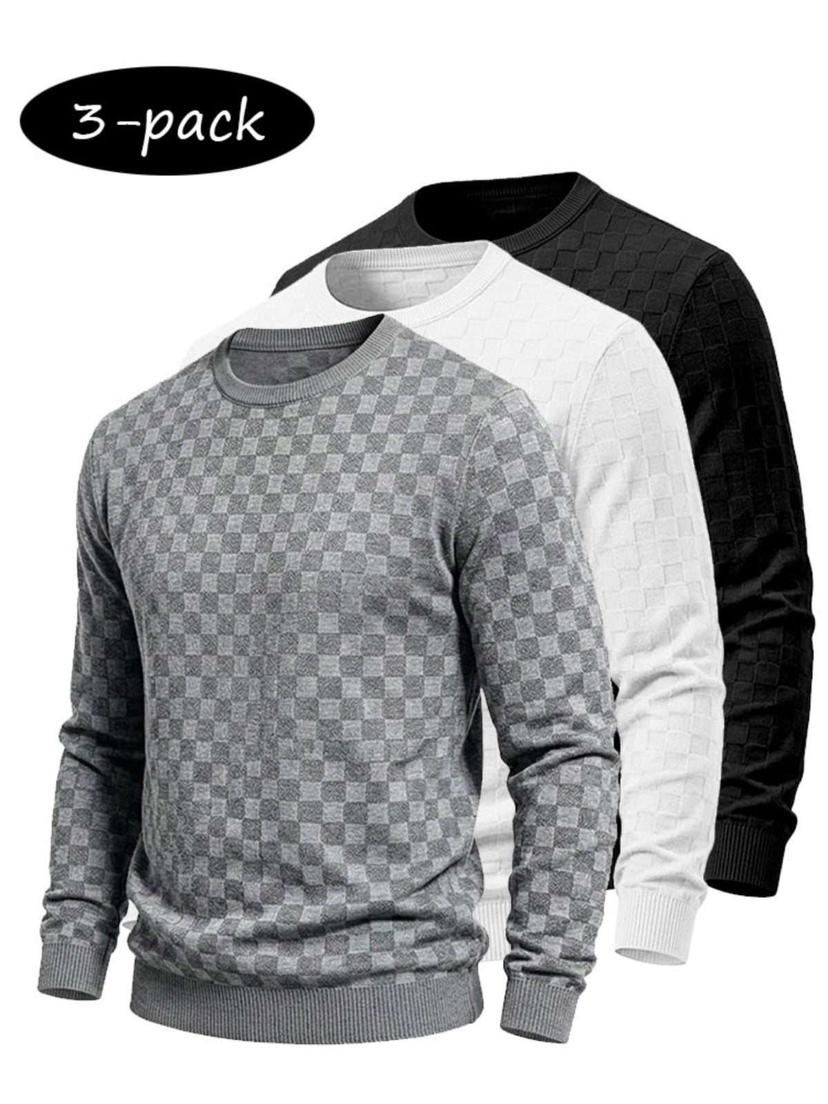 4-Pack Men's Plaid Knit Sweatshirts, Textured Grid Pattern Long Sleeve, Soft Lightweight Casual Top, Ideal for Fall Winter Streetwear