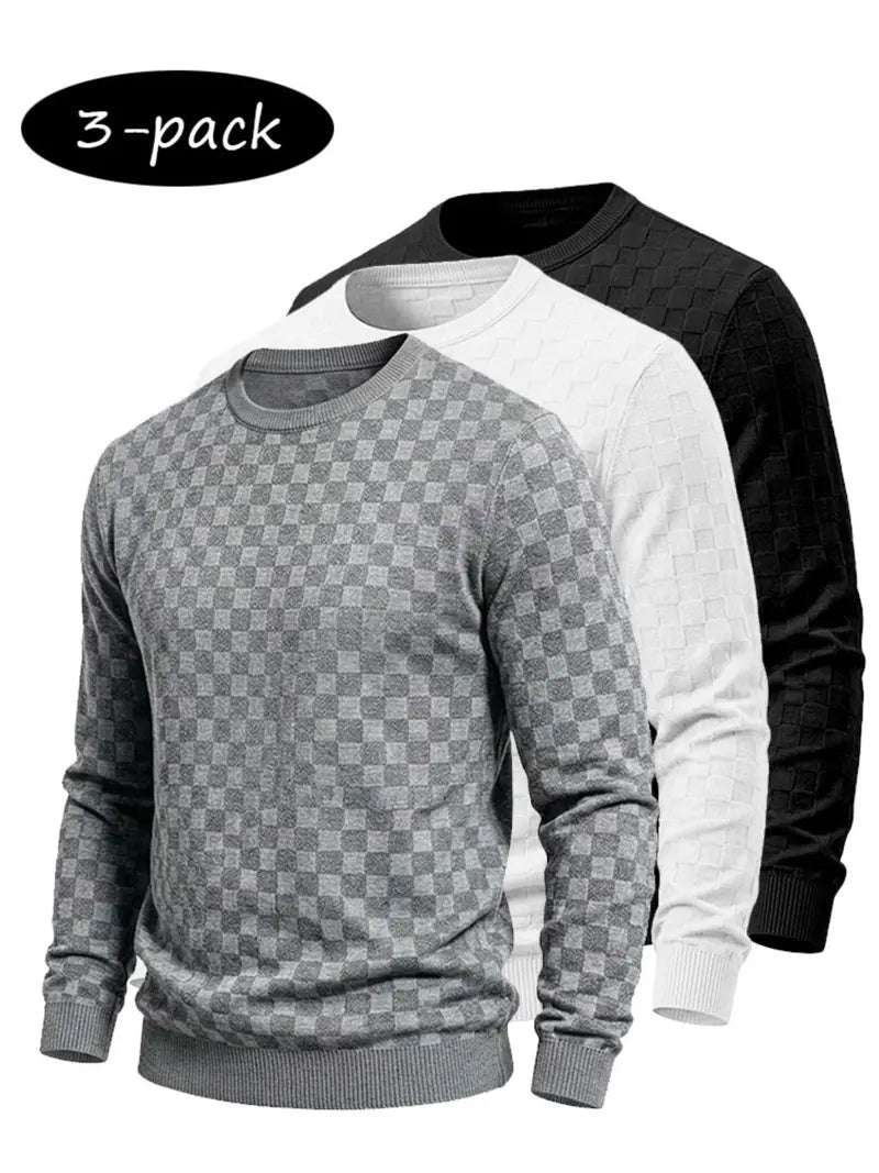 4-Pack Men's Plaid Knit Sweatshirts, Textured Grid Pattern Long Sleeve, Soft Lightweight Casual Top, Ideal for Fall Winter Streetwear