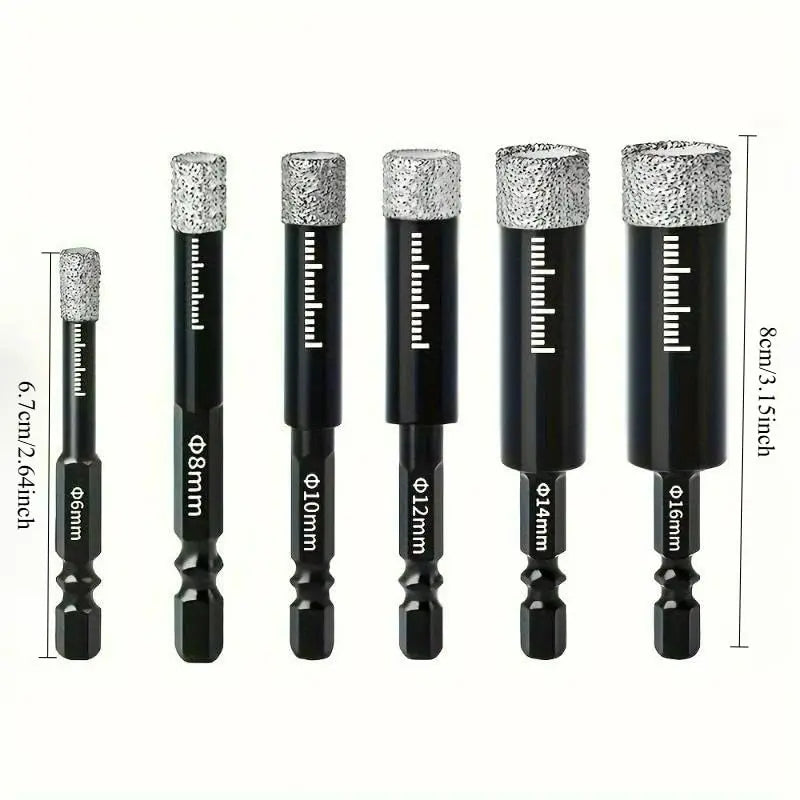 6-Piece Vacuum Brazed Diamond Drill Bit Set (1/4"-1/2") for Tile, Glass & Granite