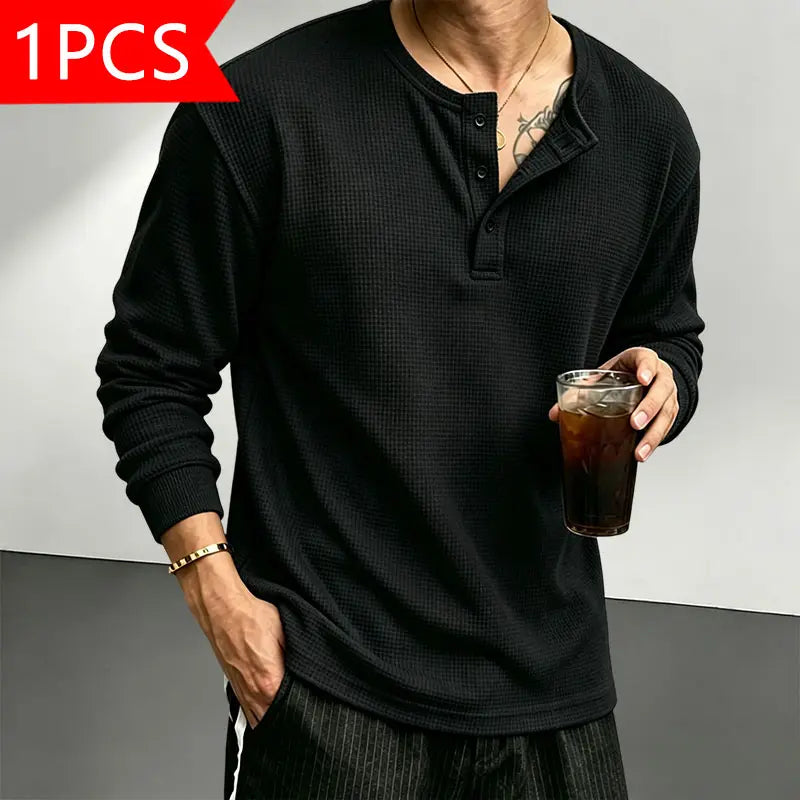 Men’s waffle-knit Henley-collar T-shirt featuring a half-button placket and small stand collar design, breathable textured knit fabric, relaxed drop-shoulder fit, solid color basic top for everyday casual wear.