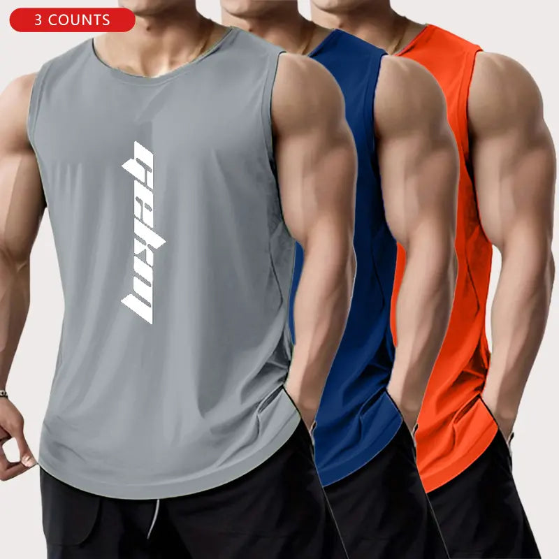 3-Pack Men's Letter Print Basketball Jersey Tank Tops - Breathable Polyester Mesh