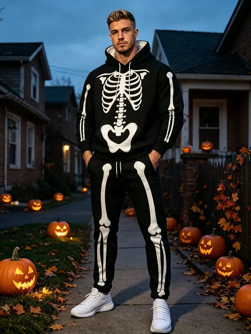 Men's Halloween Skeleton Print Hoodie and Pants Set