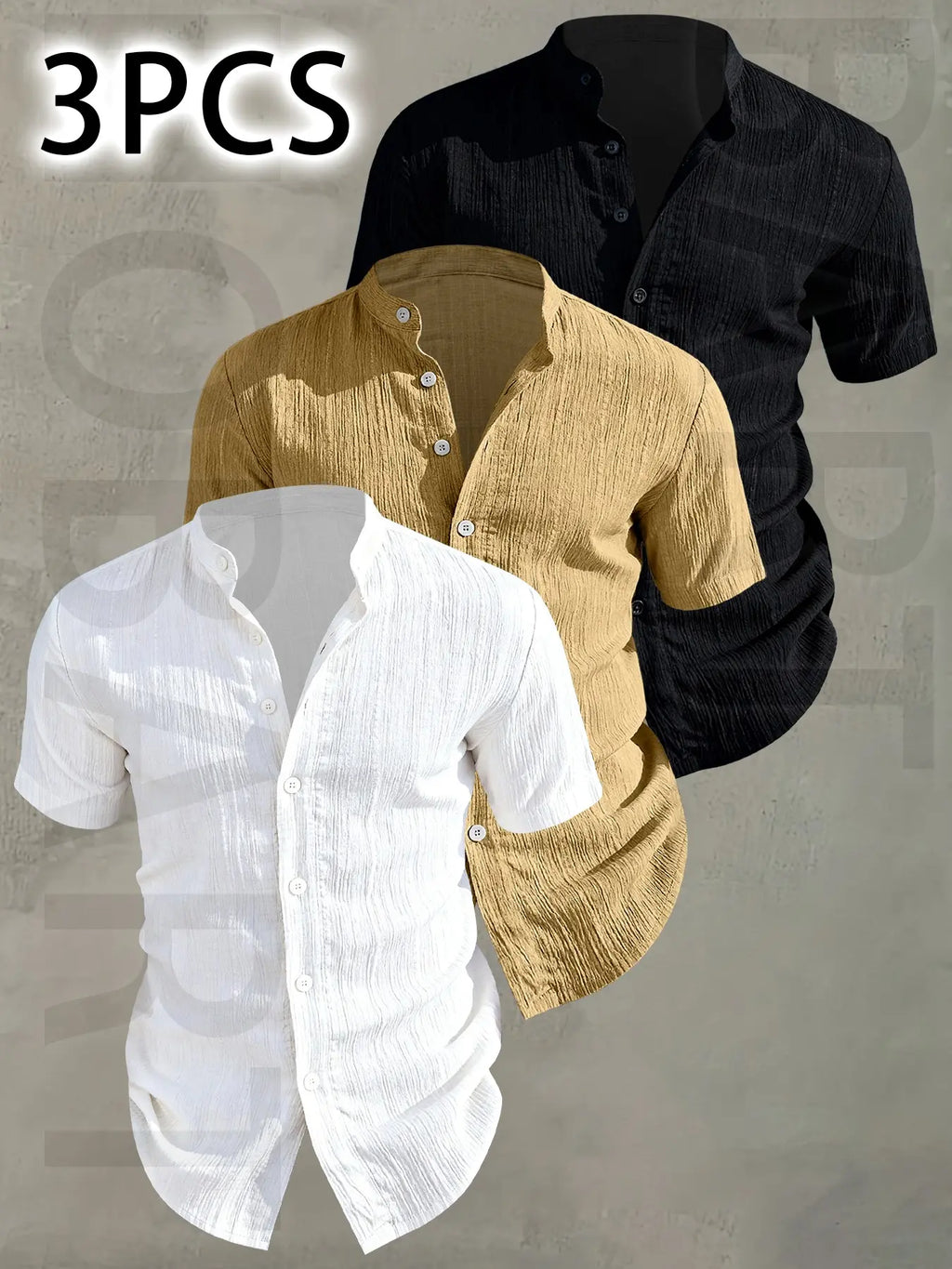 3pcs Men's Summer Lightweight Casual Button-Up Shirts with Stand Collar