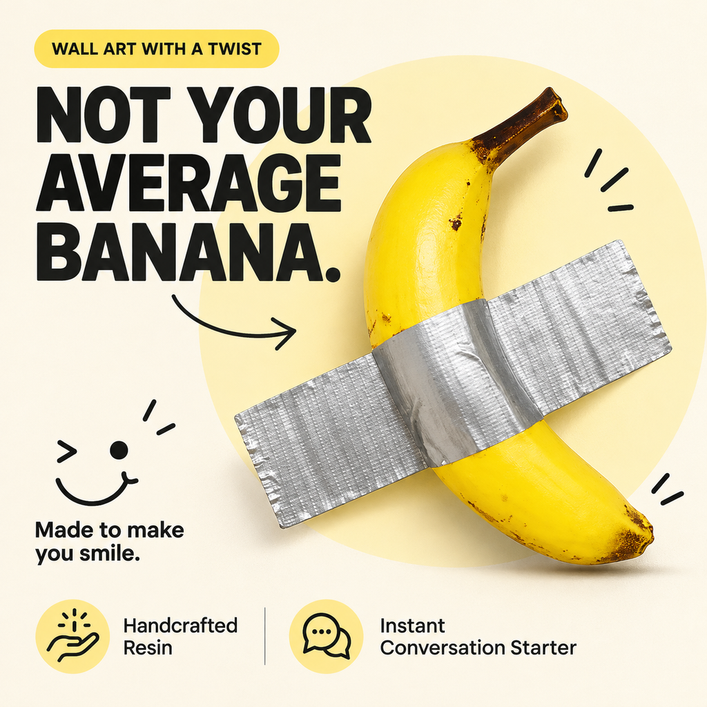 Duct tape banana resin wall sculpture with playful lettering and smiley face