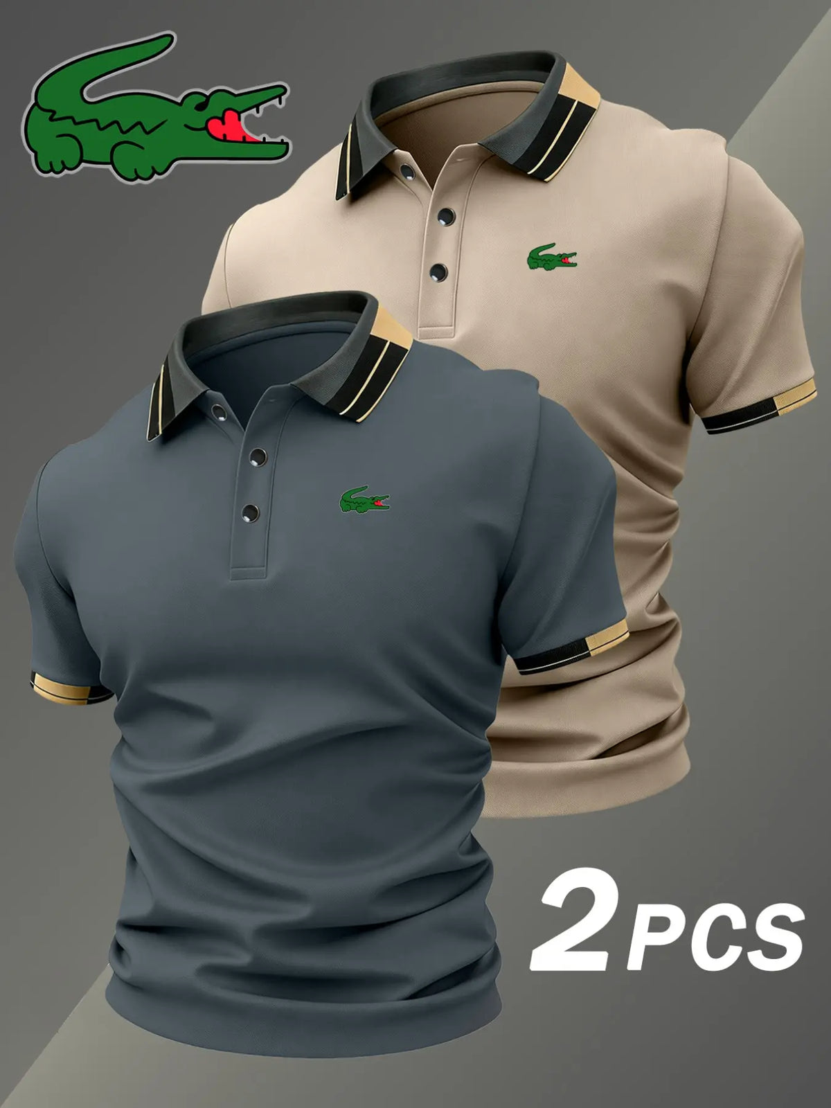 Men's Crocodile Print Polo Shirt, Elastic Classic Casual Breathable, Four-Season Wear, Comfortable Durable Polo, Two-Piece Set