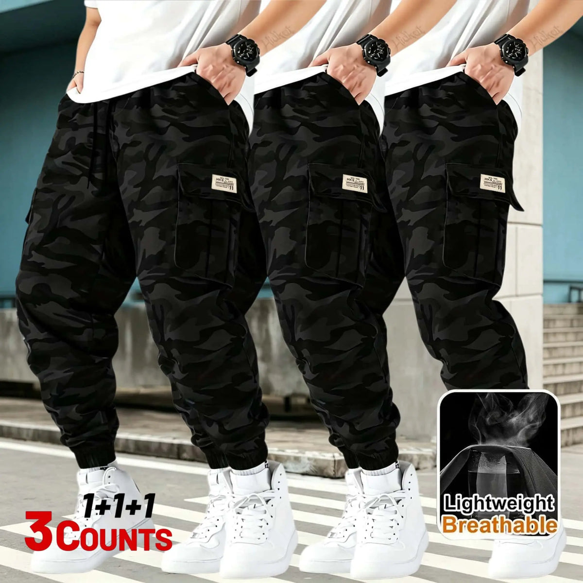 3-piece Men's Tactical Work Pants, Outdoor Camouflage Design, Training, Multi Pocket Pants, Hiking and Camping, Lightweight, Breathable, Quick Drying Sports Pants