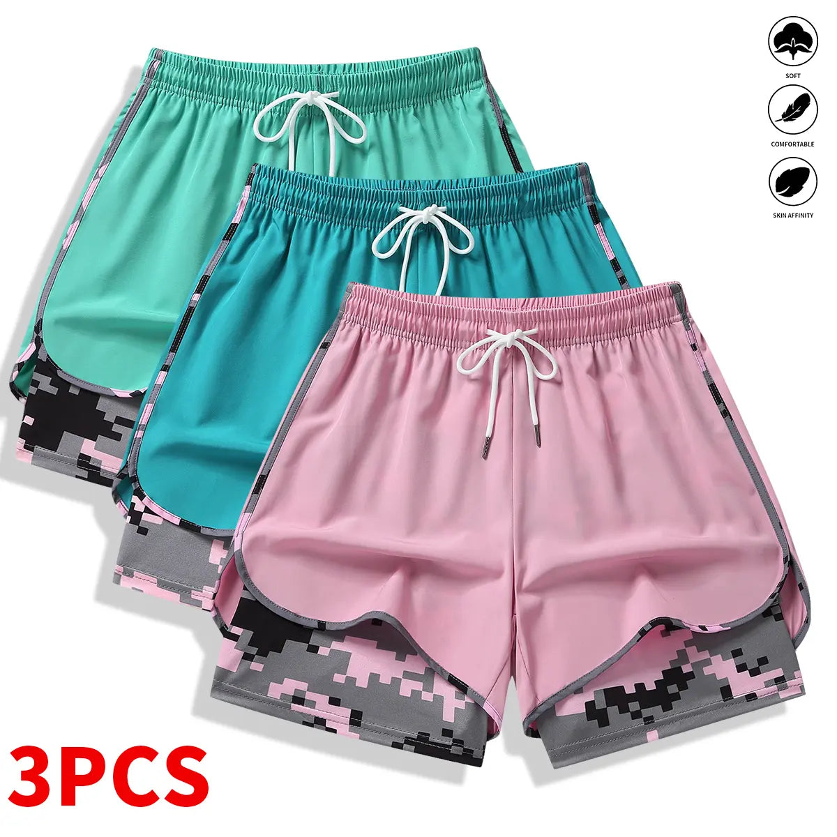[3-Pack] Women's Athletic Shorts with Liner: Elastic Drawstring Running Shorts