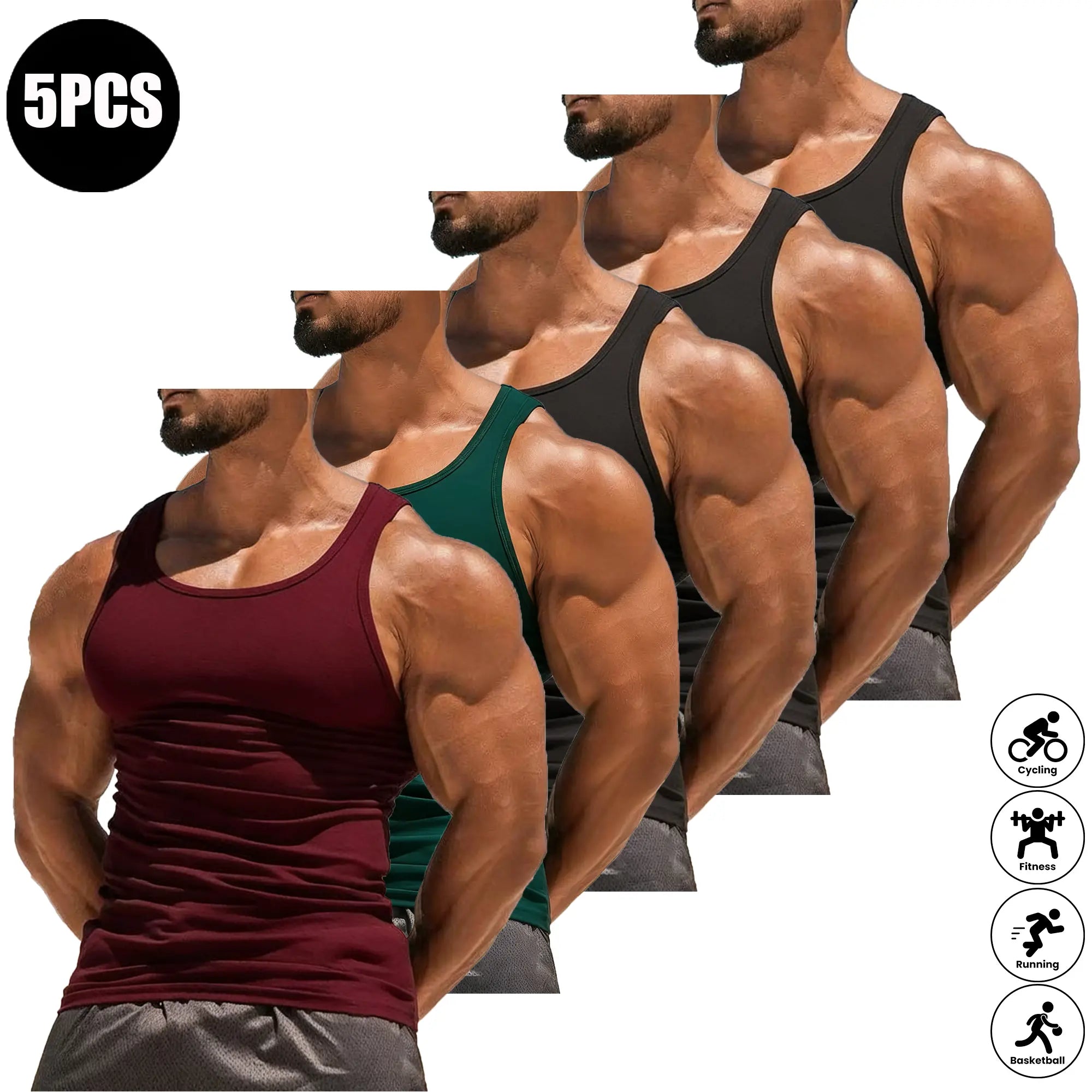 Men’s Summer 5-Pack Solid Color Tank Tops, Lightweight Breathable High-Stretch Sports Shirts, Suitable for Fitness Workouts and Everyday Wear, Plain, Athletic Apparel
