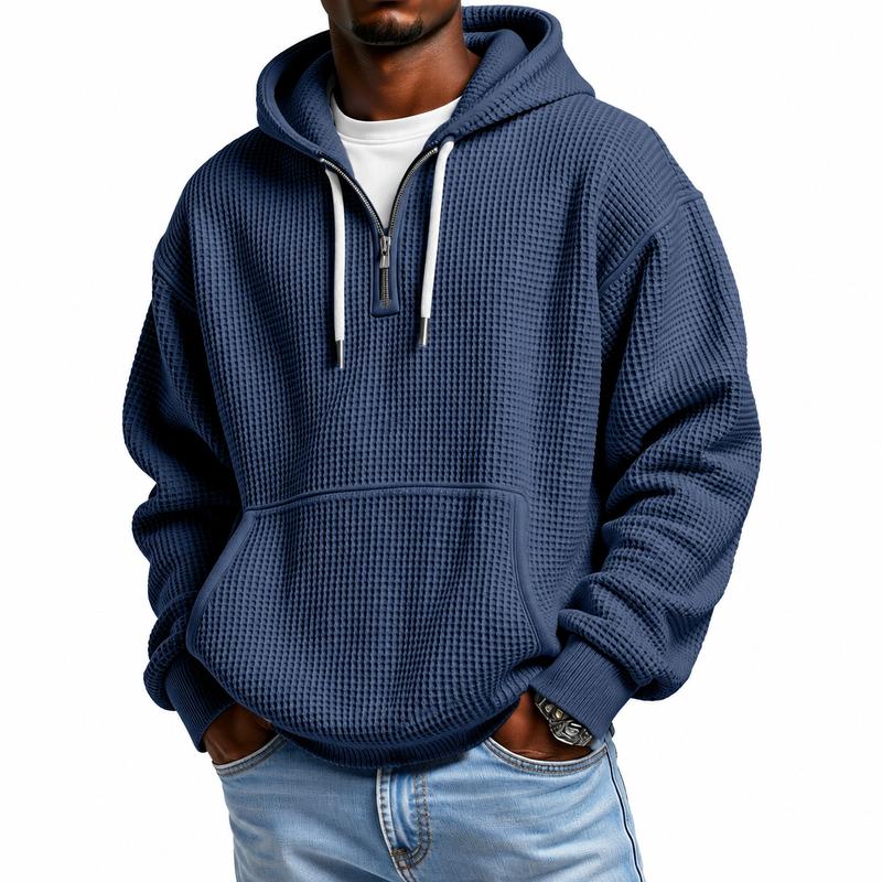 Men's Waffle Knit Half-Zip Hoodie - Casual Plain Streetwear Sweatshirt, Loose Ribbed Pullover, Soft Textured Fabric, Kangaroo Pocket, Long Sleeve, Fall Winter Outdoor Daily Layer