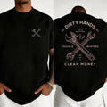 "Dirty Hands, Clean Money" wrench graphic t-shirt, workwear-style graphic print t-shirt, comfortable fabric short-sleeved top.