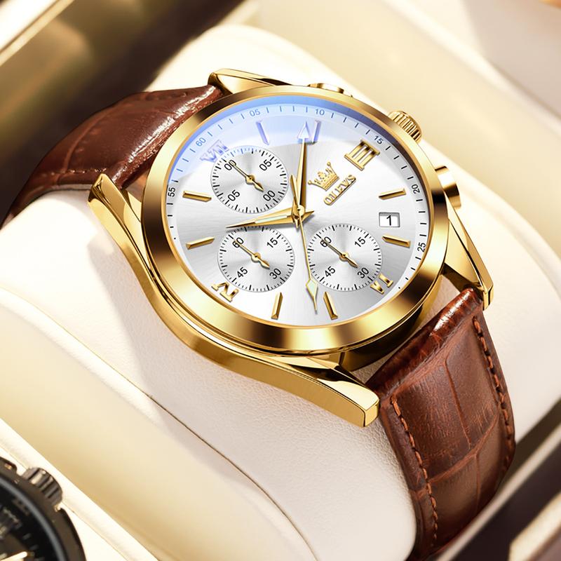 OLEVS Men's Chronograph Watch with Leather Strap, Luminous Hands and Gold Case for Daily Wear