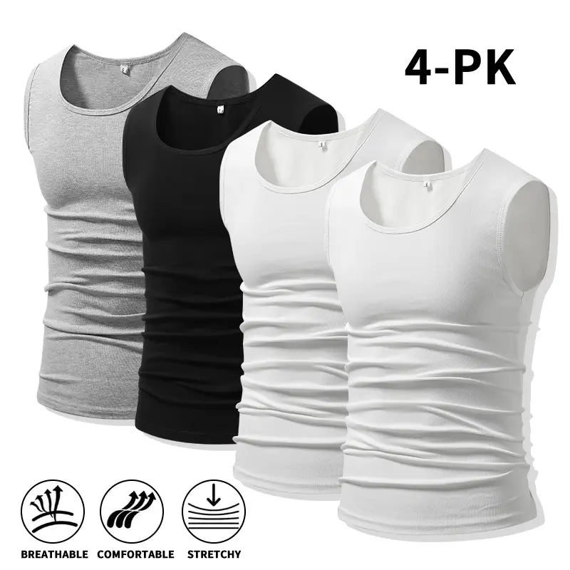 Men 4Pack Cotton Muscle Tank Tops Comfort Stretchy Breathable Summer Workout Sleeveless Sports Undershirts (optional sets of 4 or 2) High Elasticity Lifestyle Beater