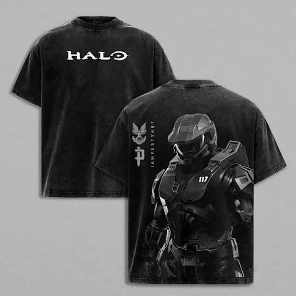 Halo Master Chief Double Printed Acid Washed Tee Vintage Gaming Graphic T Shirt Oversized Loose Fit Soft Cotton Short Sleeve Crew Neck Retro Streetwear Lightweight Casual Daily Wear Trendy Gamer Top Holiday Gift for Men Women