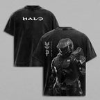 Halo Master Chief Double Printed Acid Washed Tee Vintage Gaming Graphic T Shirt Oversized Loose Fit Soft Cotton Short Sleeve Crew Neck Retro Streetwear Lightweight Casual Daily Wear Trendy Gamer Top Holiday Gift for Men Women