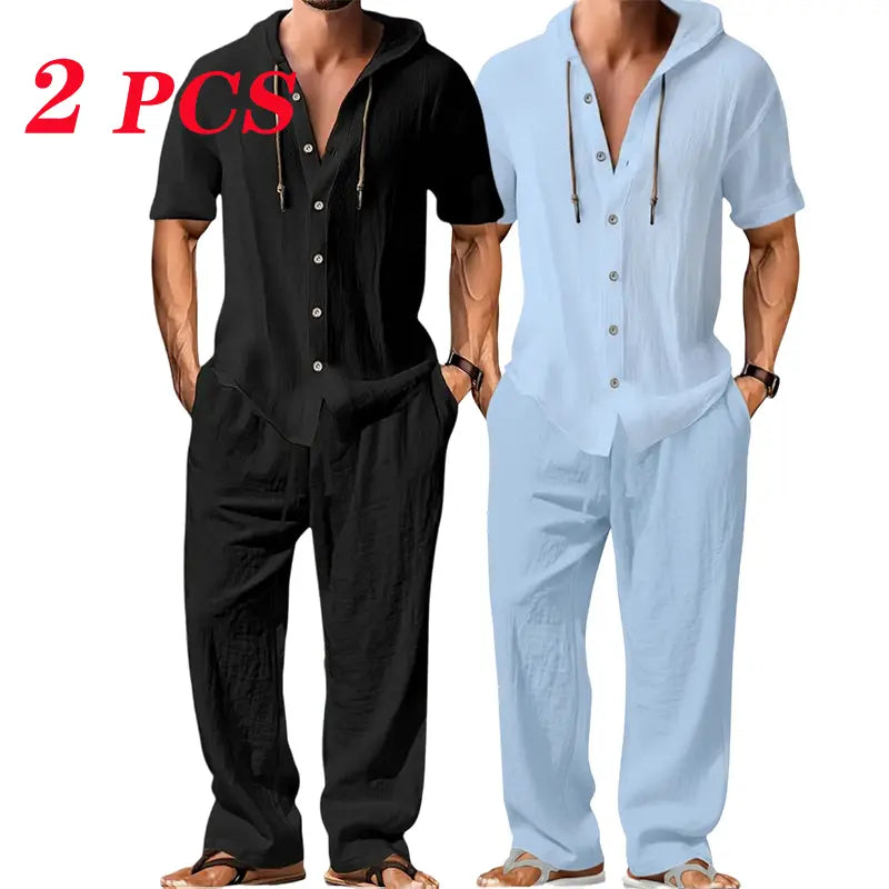 Men's 2-Piece Linen Washed Athletic Set - Stylish Plain Hooded Drawstring Sweatshirt, Loose Breathable Thin Fabric Wide-Leg Pants, Black + White Shortsleeve Casual Summer Menswear Sets, Men's 2 Piece Sets