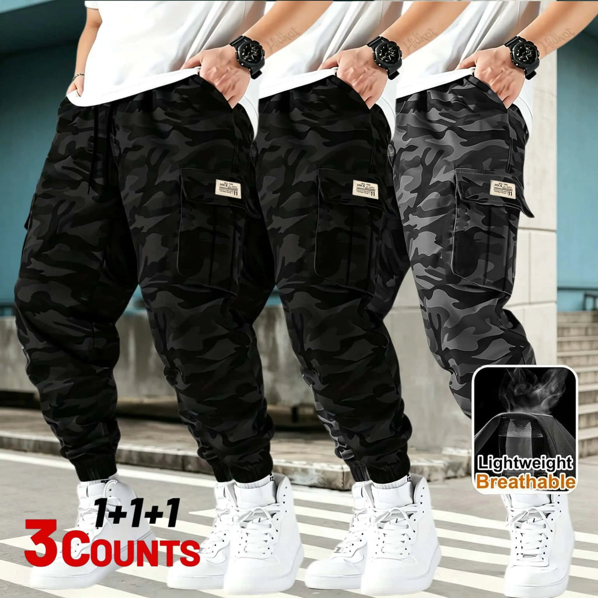 3-piece Men's Tactical Work Pants, Outdoor Camouflage Design, Training, Multi Pocket Pants, Hiking and Camping, Lightweight, Breathable, Quick Drying Sports Pants