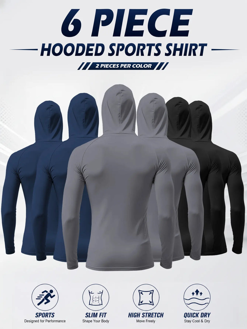 Men’s hooded sports tops available in sets of 6 or 3, featuring a mask design, high-stretch quick-dry fabric, sun protection and breathability—ideal for outdoor activities, fishing, and working outdoors in sunny conditions.