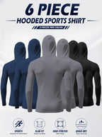 Men’s hooded sports tops available in sets of 6 or 3, featuring a mask design, high-stretch quick-dry fabric, sun protection and breathability—ideal for outdoor activities, fishing, and working outdoors in sunny conditions.