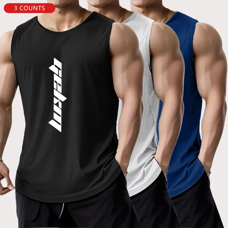 3-Pack Men's Letter Print Basketball Jersey Tank Tops - Breathable Polyester Mesh