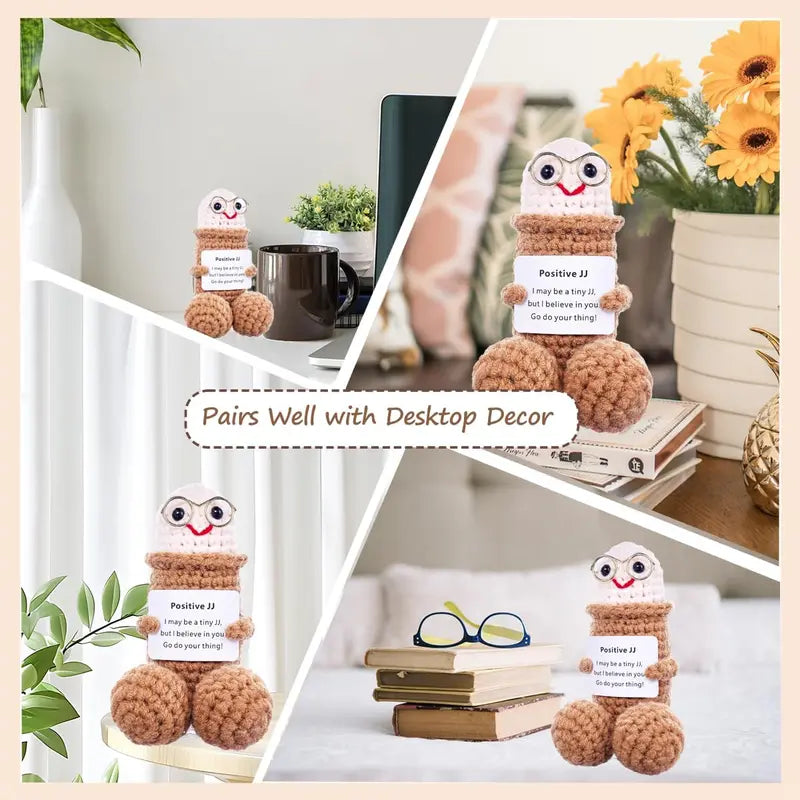 Funny Crochet Emotional Support Doll with Positive Message Card for Desk Decor and Gifting