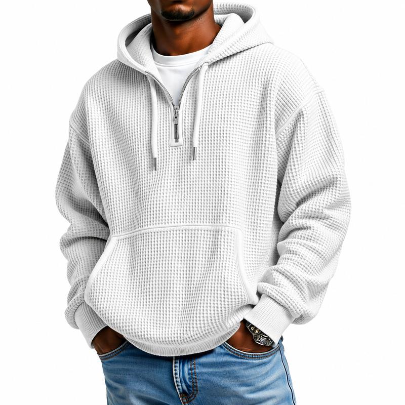 Men's Waffle Knit Half-Zip Hoodie - Casual Plain Streetwear Sweatshirt, Loose Ribbed Pullover, Soft Textured Fabric, Kangaroo Pocket, Long Sleeve, Fall Winter Outdoor Daily Layer