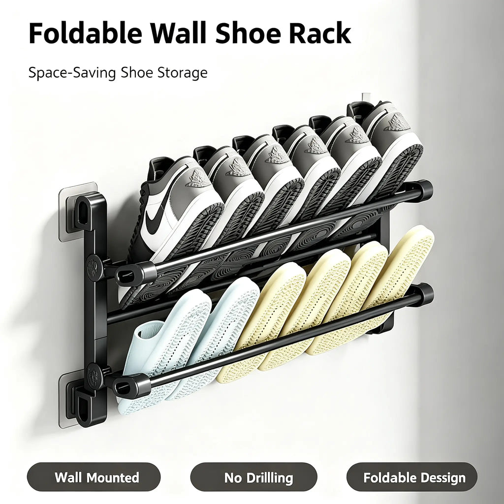 Foldable Wall-Mounted Shoe Rack, Space-Saving Plastic & Steel Hanging Slipper Holder, Compact Shoe Storage Organizer for Bathroom, Entryway, Closet, Bedroom, Door & RV