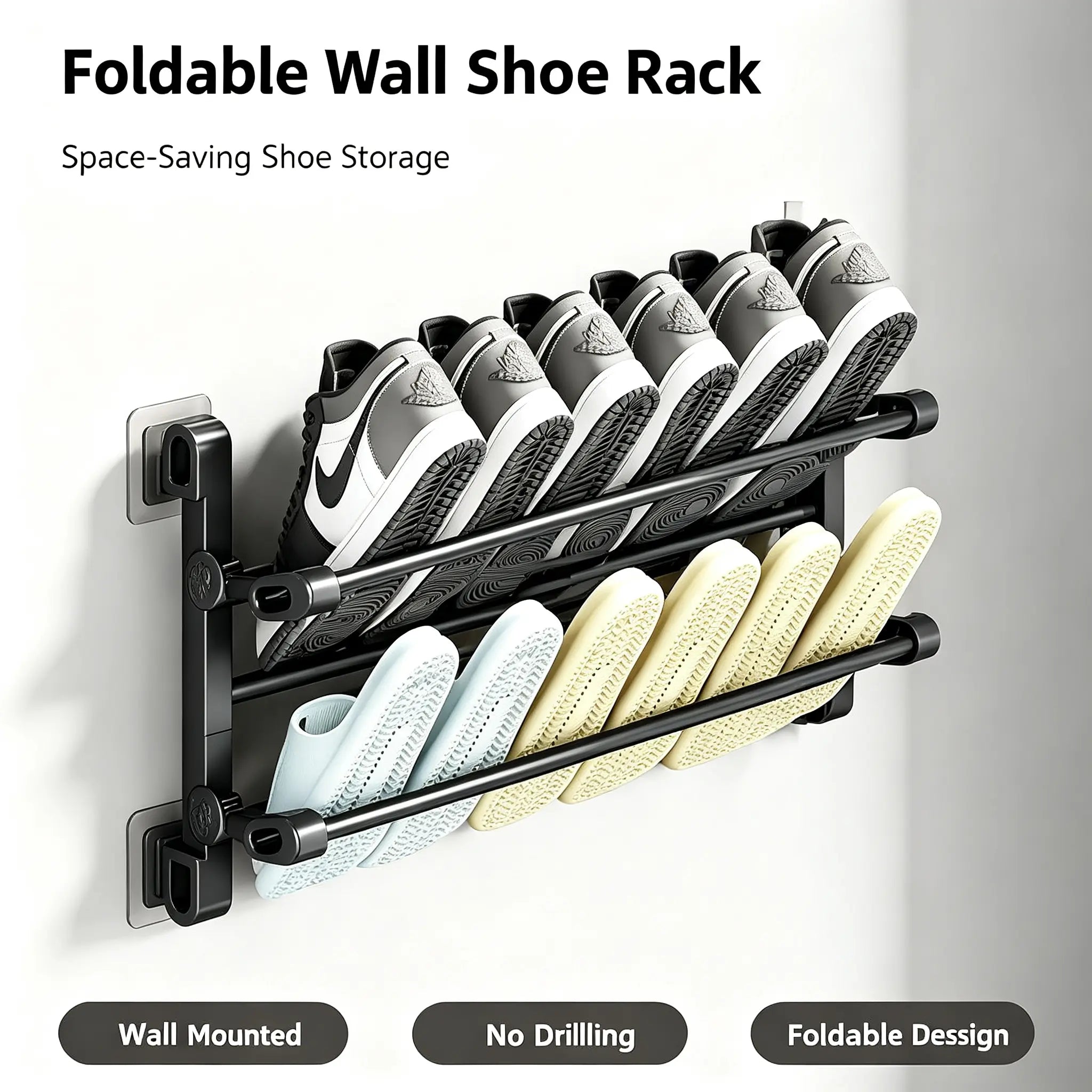 Foldable Wall-Mounted Shoe Rack, Space-Saving Plastic & Steel Hanging Slipper Holder, Compact Shoe Storage Organizer for Bathroom, Entryway, Closet, Bedroom, Door & RV