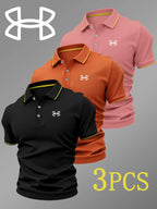 Men's Luxury Golf Polo Shirt Set, 3-Pack, Durable Collared Short-Sleeve Polos with Logo Print, Breathable Stretchy All-Season Casual Wear