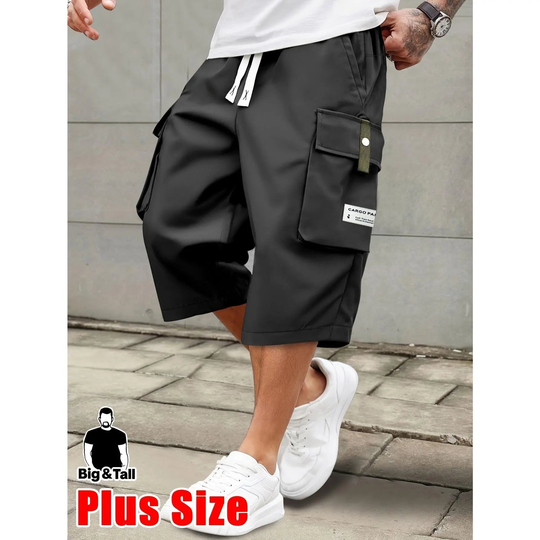 Men's Plus Size Cargo Shorts - Elastic Drawstring Waist & Multi-Pockets