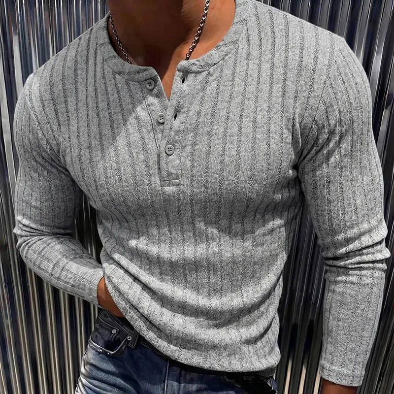 Men's Ribbed Henley Slim Fit Long Sleeve Shirt